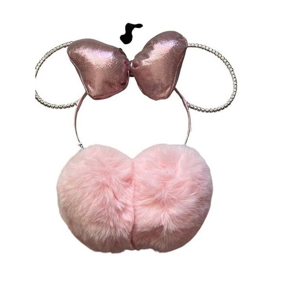 Minnie Mouse Pink Faux Fur Earmuffs With Glitter Bow & Rhinestone Ears For Adul